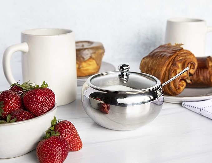 KooK Sugar Bowl with Lid and Spoon, Container with Lid, for Salt, Coffee, Holds 2 Cups, Dishwasher Safe, Stainless Steel, 16 Oz