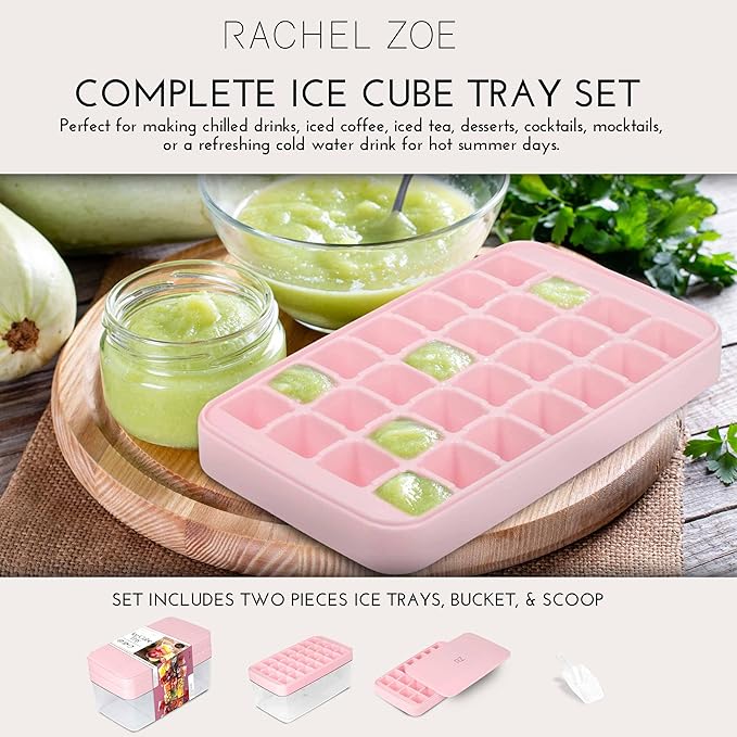 Rachel Zoe 2-Piece Stackable Ice Cube Tray with Bin Set, BPA Free 56 Cubes Ice Tray for Freezer with Bucket, Scoop and Easy Release Lid, for Fruit & Herb Infusions, Cocktails, Iced Coffee Drinks