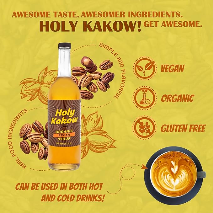 Holy Kakow Cafe Organic Pecan Syrup - Pecan Syrup, Coffee Syrup, Organic Syrup for Coffee, Pecan Syrup for Coffee, Add to Latte, Cocktail and Shake, Real Food Ingredients, Specific Flavor - 750ml