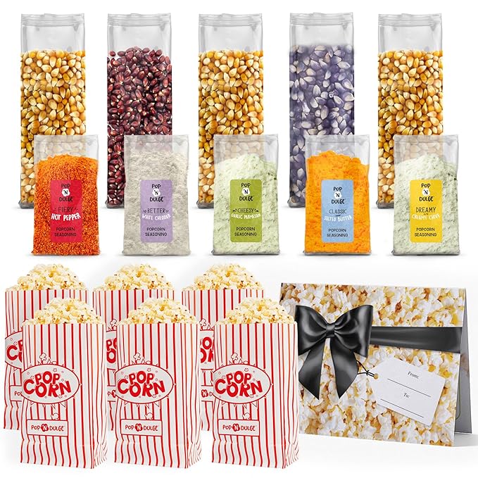 Pop n' Dulge Popcorn Movie Night Supplies 16 pcs Gift Set, 5 Gourmet Popcorn Kernels, 5 Seasoning Variety Packs Non-GMO Kosher Snacks, Great Housewarming Family Date Night Gifts Basket Ideas For Him Her