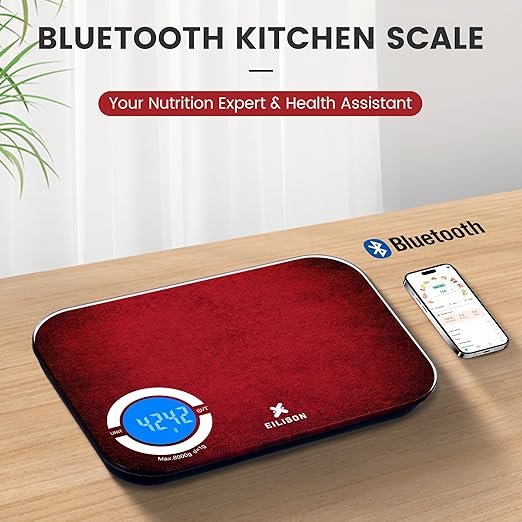 EILISON Smart Kitchen Scale with Bluetooth App, High-Precision Digital Food Scale for Baking, Cooking & Diet, 8000 Food Database, 24 Nutrients, Touchscreen, Tare Function, 5g-8000g Capacity (Red)
