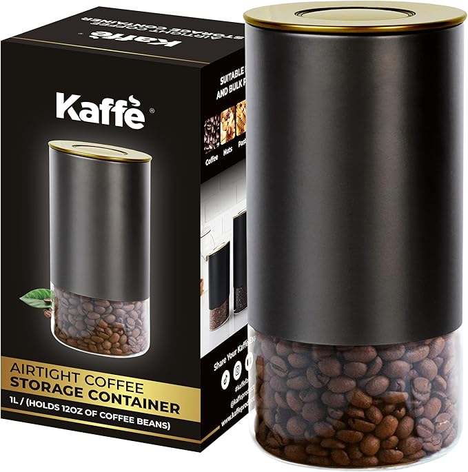 Kaffe Glass Coffee Canister (12oz) w/Airtight Lid - Click to Release Seal - BPA Free Glass & Stainless Steel - Elegant Kitchen Storage Container for Coffee, Nuts, Rice, Flour, Sugar, Tea, Cereal
