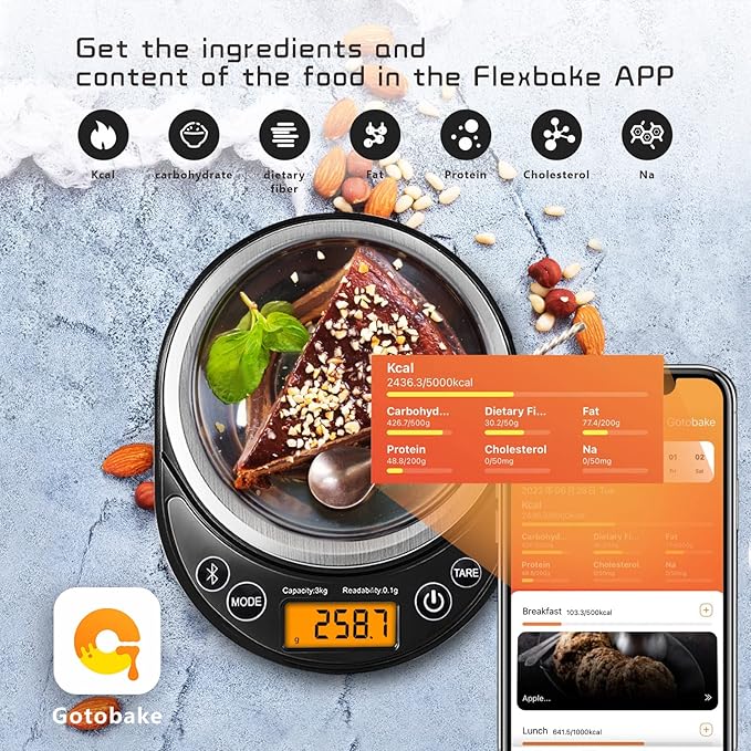 Smart Digital Food Scale Grams and Ounces, Kitchen Food Scale with Nutritional Calculator,Food Weight Scale for Weight Loss,Keto, Macro,Calorie,Cooking,Meal Prep 0.1g/3kg,6 Units,LCD Display