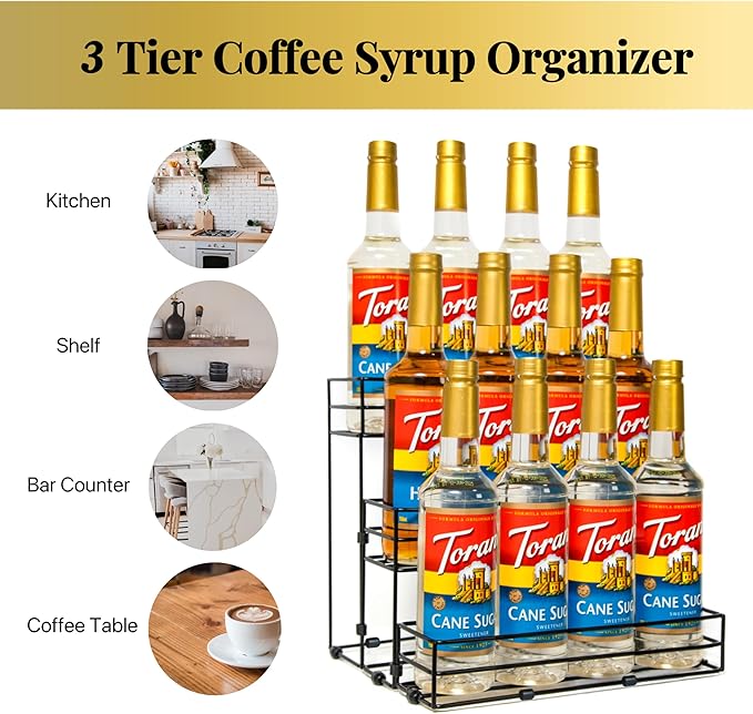 12 Bottles Coffee Syrup Rack Organizer, Coffee Syrup Stand Holder, 3 Tier Coffee Syrup Organizer for Coffee Bar Station, Wine Rack for Countertop, Bottle Display Shelf for Cocktail, Dressing