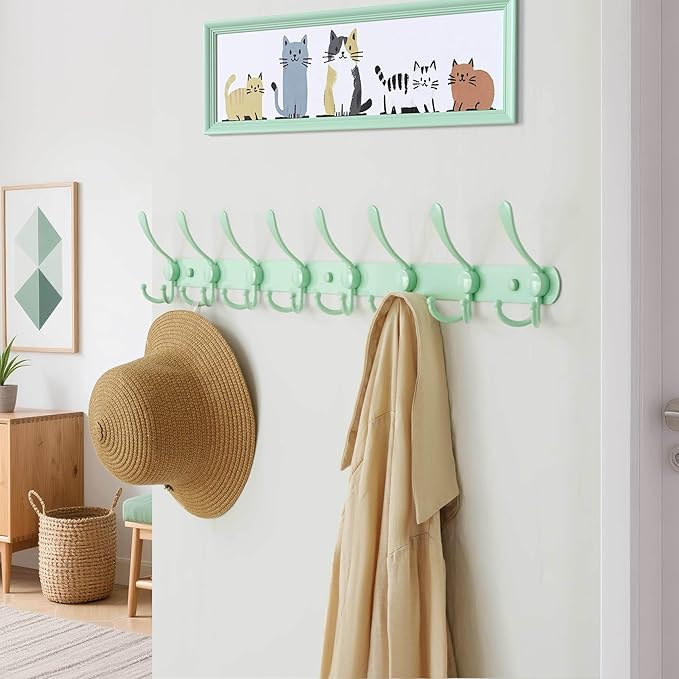 Dseap Coat Rack Wall Mount - 29.5” Long 8-Tri-Hooks Heavy Duty Coat Hanger Rail Wall Hooks for Hanging Coats Hats Clothing Clothes Purse Mudroom Entryway, Green, Pack of 2
