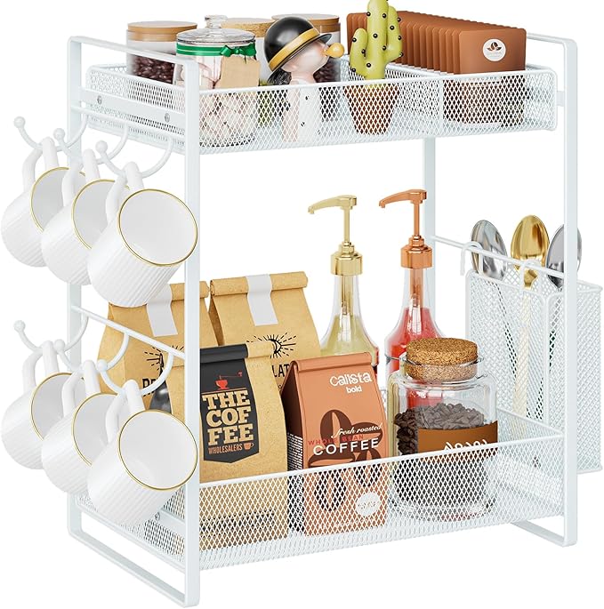 VITVITI Coffee Bar Organizer with Mug Holder, Metal Coffee Station Organizer for Countertop, 2 Tier Cup Mug Holders Rack with Basket for Kitchen Office, White