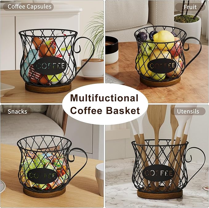 YINMIT K Cup Holder Organizer, Rustic Coffee Pod Holder Organizer, 35 Kcup Holder for Counter with Handle，Large Capacity Black Wire Coffee Capsule Basket for Kitchen Office Desktop (Circular Grid)