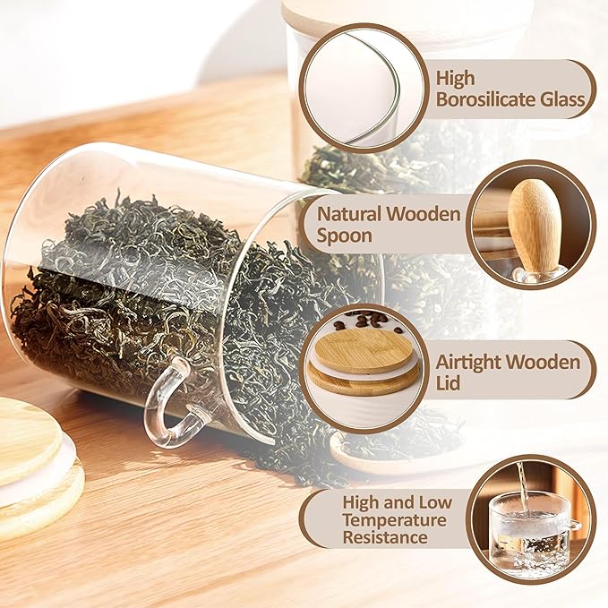 34 oz/1000 ml Glass Storage Canister with with Airtight Lid, Cute Clear Decorative Container Jar with Wooden Spoon for Coffee Spice Candy Salt Cookie Condiment Sugar Matcha Tea Overnight Oats