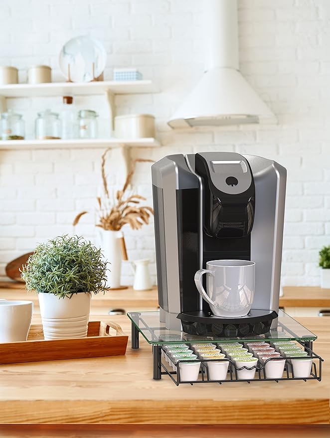 Deco Brothers Crystal Tempered Glass K-Cup Holder Drawer for 30 Coffee Pods Storage, Black