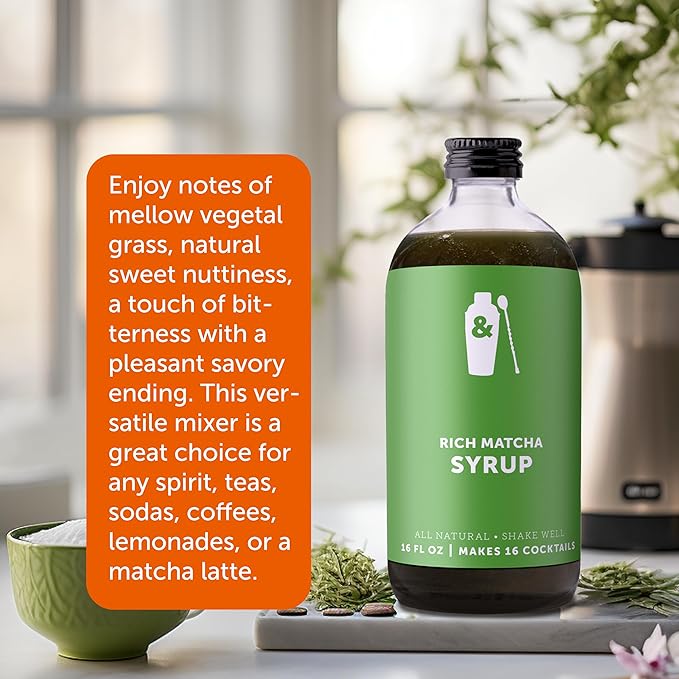 Shaker & Spoon Matcha Cocktail Syrup, 16oz Matcha Green Tea Powder Flavored Syrups for Drinks, Coffee Syrup, Matcha Tea, Matcha Lattes, Vegan Cocktail Mixers, Mocktails, Non Alcoholic Drinks