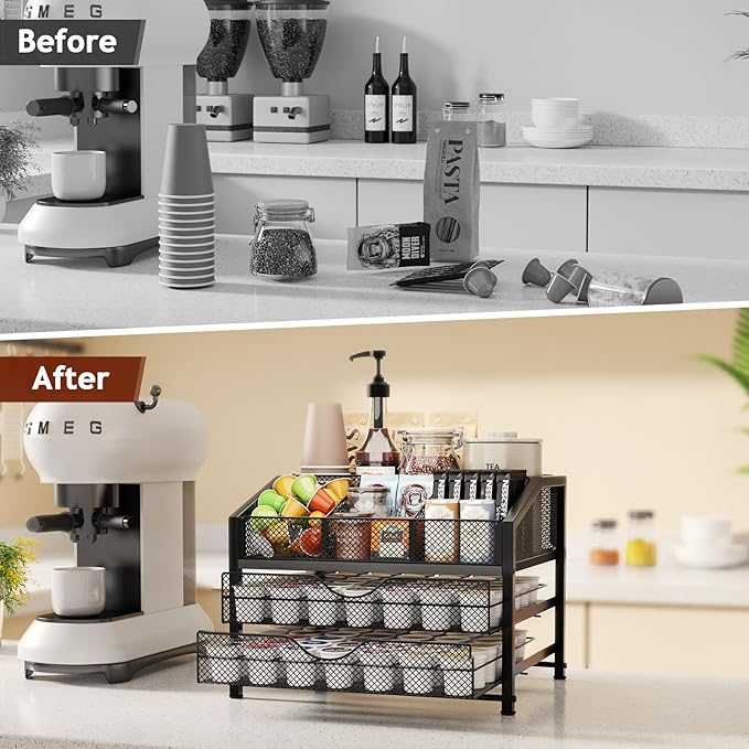 Coffee Bar Organizer - Coffee Station for Countertop, Metal and Wood K Cup holder Storage Basket for Syrup, Cups, Stirrer, Condiment, Tea Organizer, Black