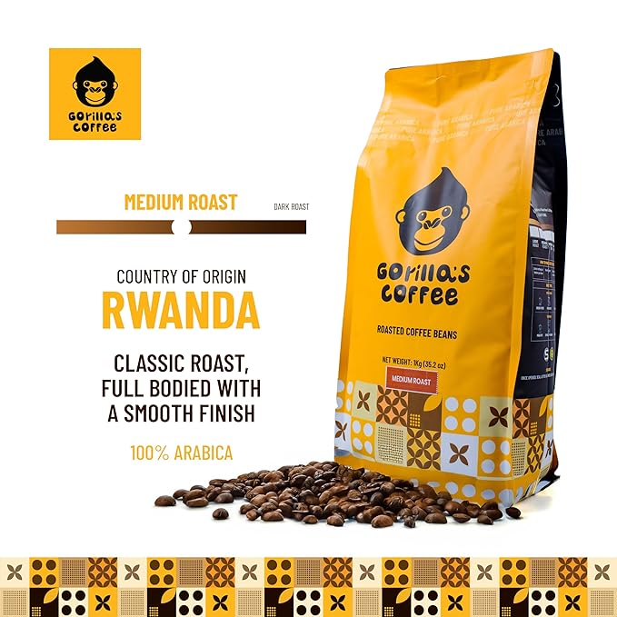 Gorilla's Coffee 100% Arabica - Medium Roast Whole Bean Coffee, Fair Trade, Full Bodied, with Notes of Dark Chocolate | Premium Rwandan Coffee | Rich, Flavorful, and Aromatic (1000g/35.2oz)