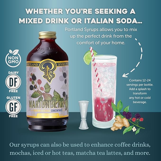 Portland Syrups Marionberry Syrup - Craft Pacific Northwest Fusion for Cocktails, Desserts, Soda, and More - 12 oz with 24 Servings (Pack of 2)