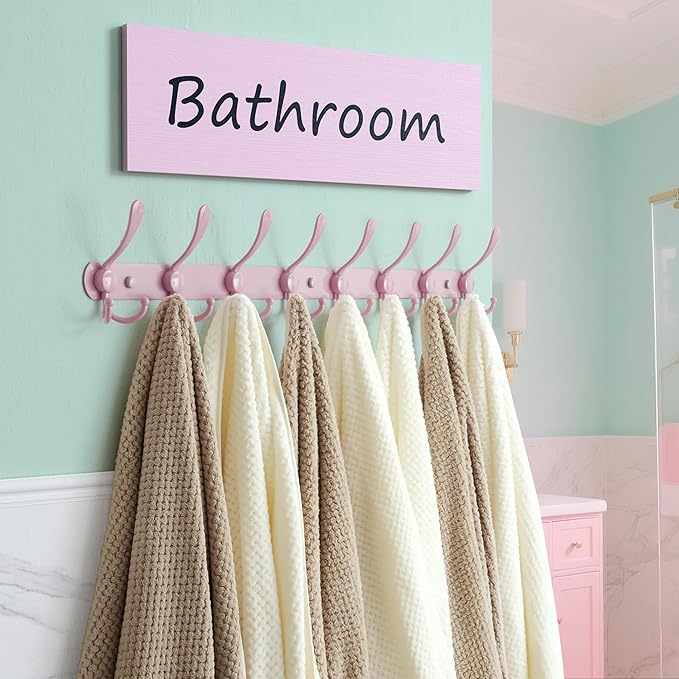 Dseap Coat Rack Wall Mount - 29.5” Long 8-Tri-Hooks Heavy Duty Coat Hanger Rail Wall Hooks for Hanging Coats Hats Clothing Clothes Purse Mudroom Entryway, Pink, Pack of 2