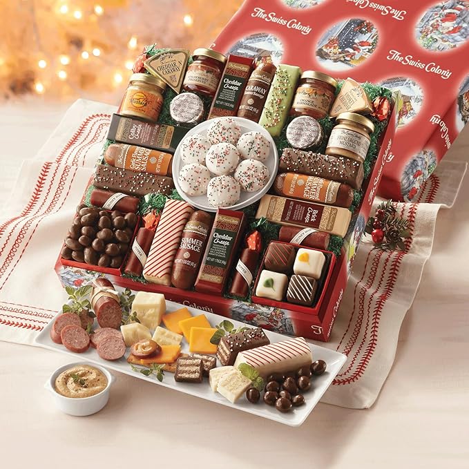 The Swiss Colony 27 Favorites and Mini Butter Toffee Christmas Gift Bundle - Assorted Cheeses, Candies, Chocolates, Summer Sausage Meats, and Butter Toffee