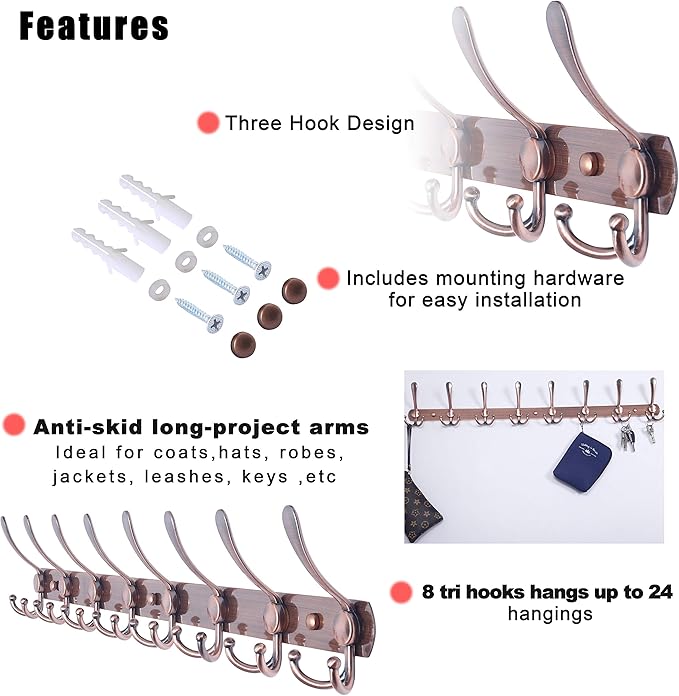 Dseap Coat Rack Wall Mount - 29.5” Long 8-Tri-Hooks Heavy Duty Coat Hanger Rail Wall Hooks for Hanging Coats Hats Clothing Clothes Purse Mudroom Entryway, Red Antique Copper