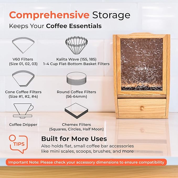 Coffee Filter Holders Storage with Lid, Large Capacity Oak Wood Box for Pour Over Coffee Station Accessories & Tea Bag Organizer, Versatile Home Bar Essentials for Farmhouse Kitchen Decor