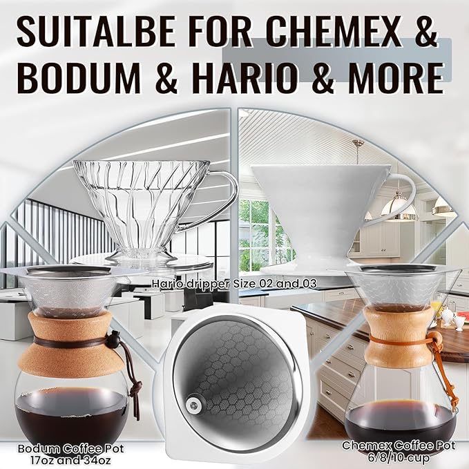 Coffee Filters Perfect Compatible for Chemex 6,8,10 Cup Glass Coffeemaker,Suitable for Bodum & Hario V60,Reusable Stainless Steel Coffee Dipper -Best Coffee Maker and Bar Accessories