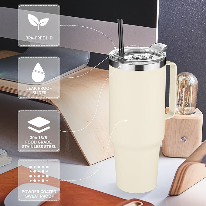 HASLE OUTFITTERS 40 oz Stainless Steel Tumbler with Handle, Vacuum Insulated Tumblers Bulk, Reusable Double Wall Travel Coffee Mug, Durable Powder Coated Water Bottle(Beige, 1)
