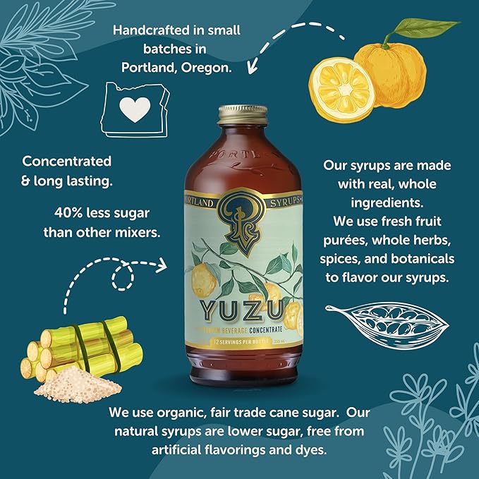 Portland Syrups Yuzu Syrup - Yuzu Beverage Concentrate for Cocktails, Mocktails, Tea, Soda, Coffee, & Baking - Bright Citrus Flavor for Refreshing Drinks - 12 oz Bottle, 24 Servings, Pack of 2