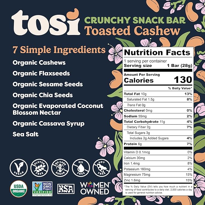 Tosi Nut Bars, Cashew, Healthy Snacks for Adults & Kids, Plant Based Crunchy Bars (6G Protein), Organic Keto Snacks, Vegan, Gluten & Soy Free, Low Sugar, Omega 3s, 1oz, 12-Pack