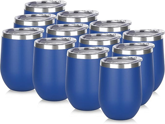 DOMICARE Stainless Steel Wine Tumbler Bulk with Lid, Personalized Insulated Tumblers Set, 12oz Travel Coffee Cups Pack of 12, Dark Blue