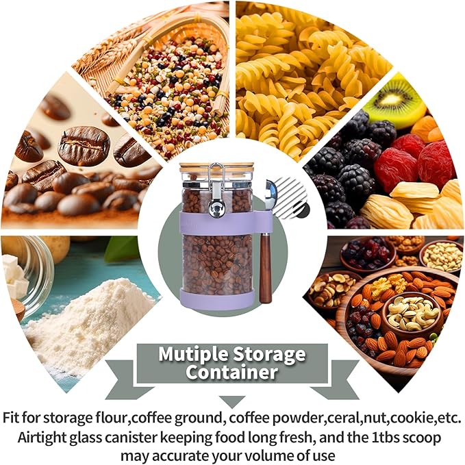KKC Airtight Coffee Canister, Glass Coffee Bean Storage Contaienr with Silicon Scoop Holder, Non-Slip Silicon Coffee Storage Canister with Spoon for 1 lb Bean,40 Fluid-oz,Taro Purple