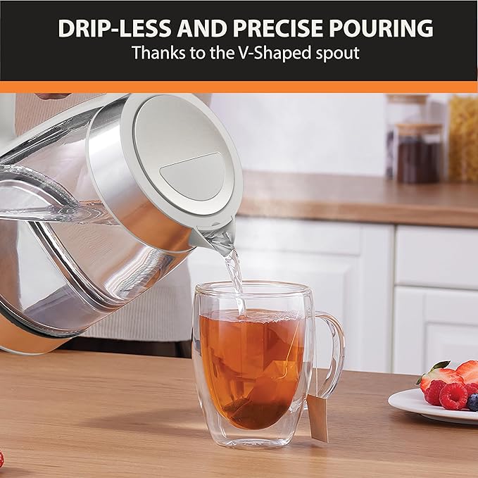 KRUPS Electric Kettle, 1.8-Qt (1.7L) Tea Kettle, 1500W with LED indicator, Hot Water Boiler, Auto Shut-off, Rapid 80-Second Cup Boiling, Safe Boil-dry Protection, Water Heater, Glass Carafe, Grey