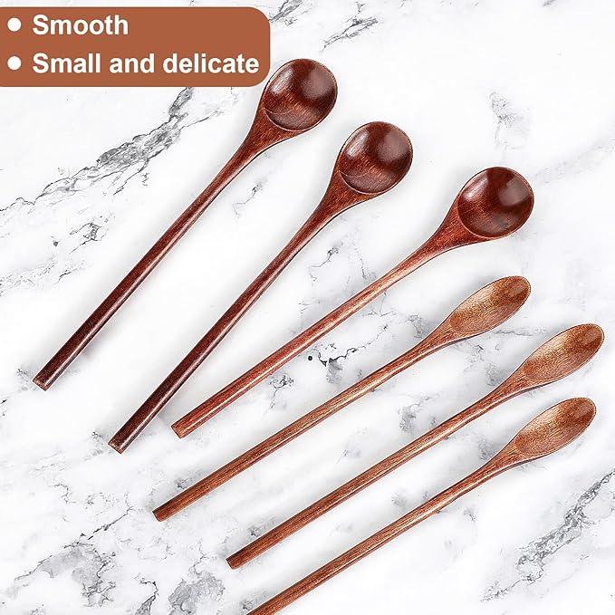 6 Pcs Wooden Coffee Spoons, Long Handle Wooden Teaspoon, Stirring Teaspoon, Long Handle Mixing Wooden Spoon for Stirring Coffee, Tea, Honey, Tasting Spoon Set for Kitchen Stirring