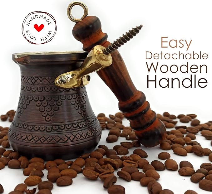 PCZ Series (Small-6 fl.oz) Thickest Solid Copper Engraved/Stamped Turkish Greek Arabic Coffee Pot with Wooden Handle, Stovetop Coffee Maker Cezve Jezve Jazva Jazzve Ibrik Briki (Antique)