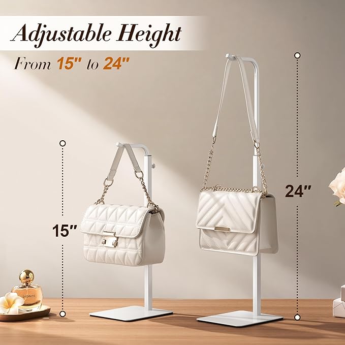 pickpiff 3 Pack Purse Holder Handbag Display Stand: White Hanger Rack for Bags, Purses, and Wreath, Adjustable Hook Stand for Tabletop, Closet, and Retail Use for Vendors