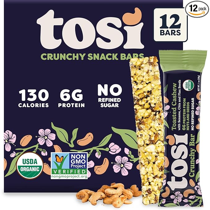 Tosi Nut Bars, Cashew, Healthy Snacks for Adults & Kids, Plant Based Crunchy Bars (6G Protein), Organic Keto Snacks, Vegan, Gluten & Soy Free, Low Sugar, Omega 3s, 1oz, 12-Pack