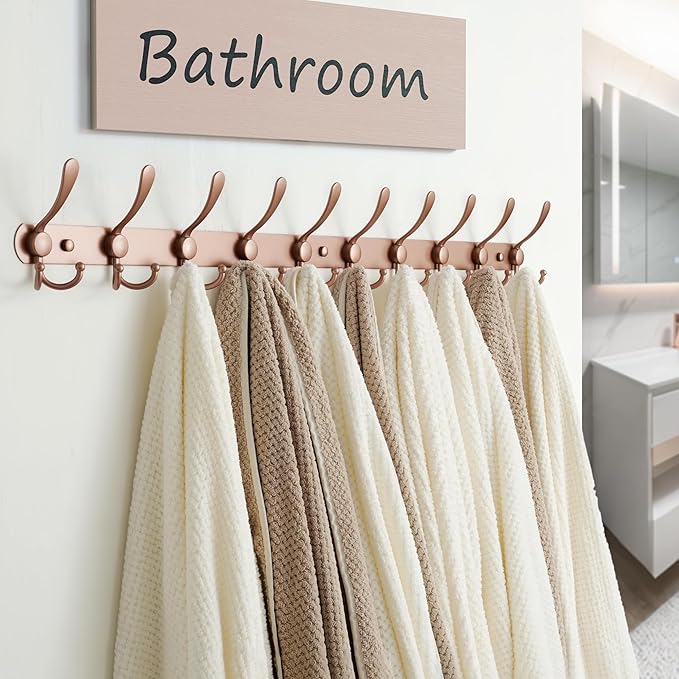 Dseap Coat Rack Wall Mount - 38” Long 10-Tri-Hooks Heavy Duty Coat Hanger Rail Wall Hooks for Hanging Coats Hats Clothing Clothes Purse Mudroom Entryway, Rose Gold