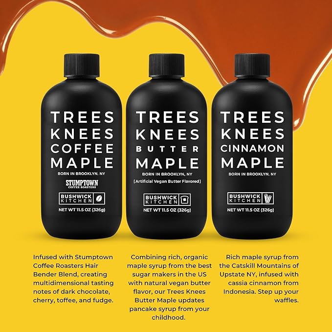 Trees Knees Maple Syrup Gift Set, Sweet Syrup Collection Includes Trio of Cinnamon, Butter Maple, and Coffee Flavored Syrups, Unique Gift Box for Foodies