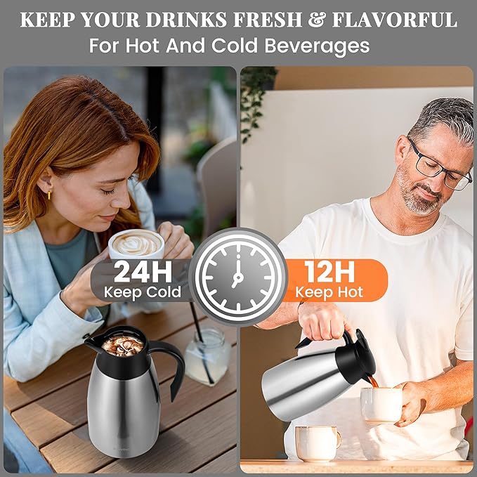 51 Oz Thermal Coffee Carafe, Stainless Steel Insulated Vacuum coffee crafts to keep coffee hot, 1.5 Liter Tea Water Coffee and Beverage Dispenser (Silver)