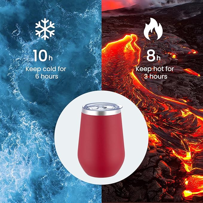 MEWAY Durable 12oz Stainless Steel Wine Tumbler with Lid and straw - Vacuum Insulated Coffee and Wine Cups for Travel, Parties, and Outdoor Events(Red, Set of 8)