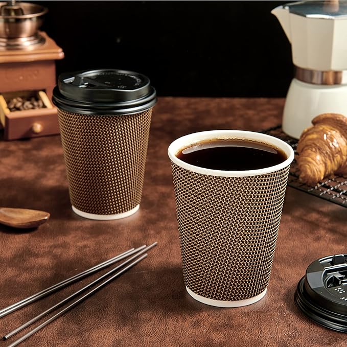 LITOPAK 80 Pack 12 oz Paper Coffee Cups, Insulated Ripple Wall Hot Coffee Cups with Lid and Straws, Brown Three Layer Insulated Hot Beverage Cups for Parties, Picnic, and Travel
