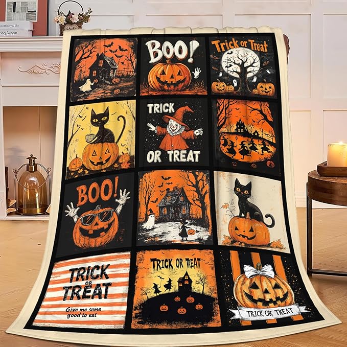 Halloween Blanket, Pumpkin Black Cat Fleece Flannel Throw Blanket, Trick or Treat Soft Lightweight Stuff Throws Gifts for Women Men Boys Girls Lovers Adults Lovers Sofa Decor 80"x60"