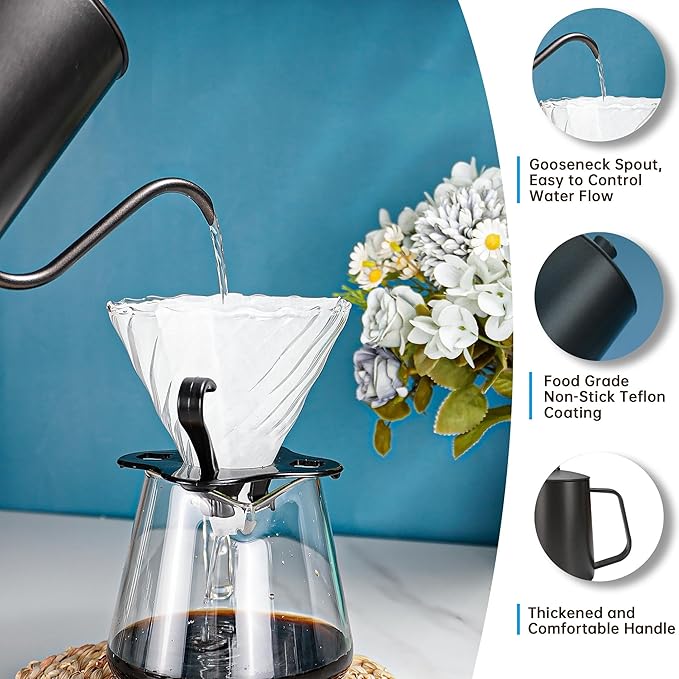 SuperCook Hand Drip Pour Over Coffee Set, All in One Includes Gooseneck Kettle, V60 Glass Dripper, Paper Filter, Cups, Manual Grinder, Scale, Ideal for Anniversary Birthday Gift