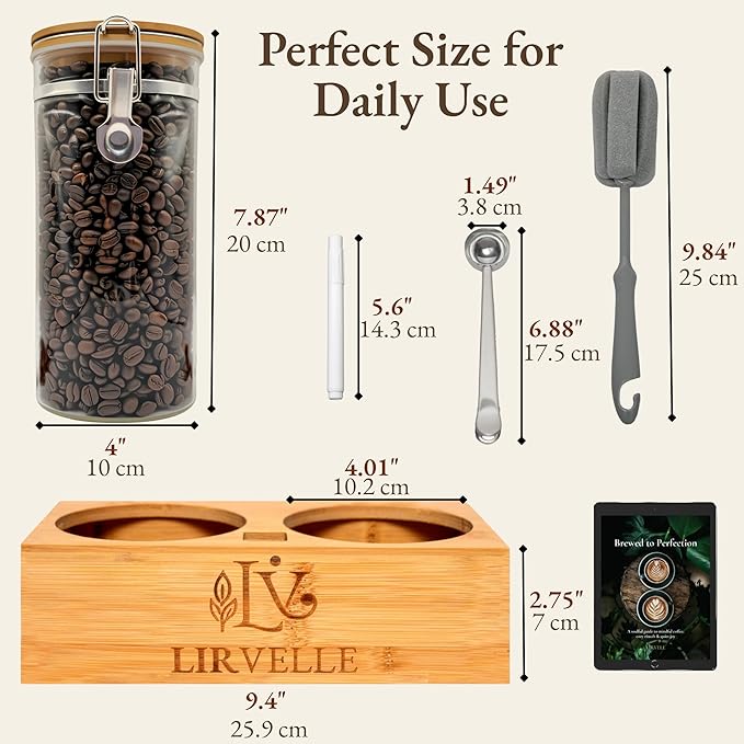 Airtight Coffee Canister with Scoop | Curated Glass Storage Set for Beans, Grounds & Sugar | 9-Piece Ritual Organizer with Bamboo Base, Versatile Artisan Spoon, Labels & Cleaning Brush