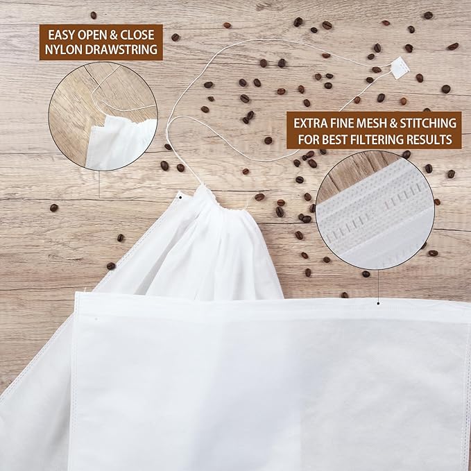 50Pcs Commercial Cold Brew Coffee Filters for 5 Gallon Buckets, 20" X 20" Disposable Coffee Filters with Drawstring for Brew Up To 5 LBS Coffee