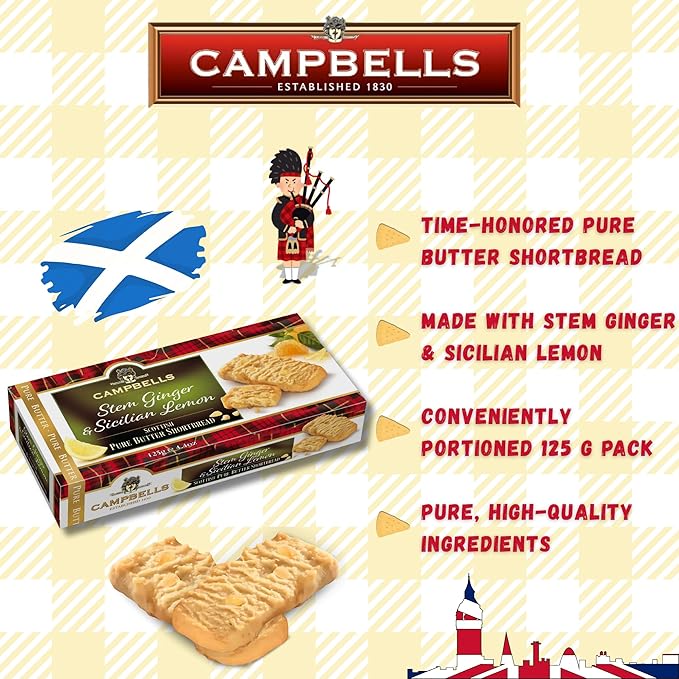 Campbells Shortbread with Stem Ginger & Sicilian Lemon 4.41 Oz (Pack of 3) - Pure Butter Scottish Shortbread Cookies from Scotland, Ginger Lemon Cookies, Gourmet British Tea Biscuits & Gift Box