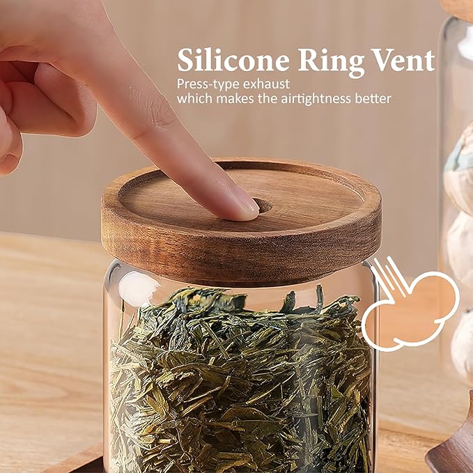 480ML/16Oz Clear Cute Glass Storage Canister Holder with Stackable Airtight Wood Lid, Modern Decorative Small Container Jar for Coffee, Spice, Candy, Salt, Cookie, Condiment, Pepper, Sugar