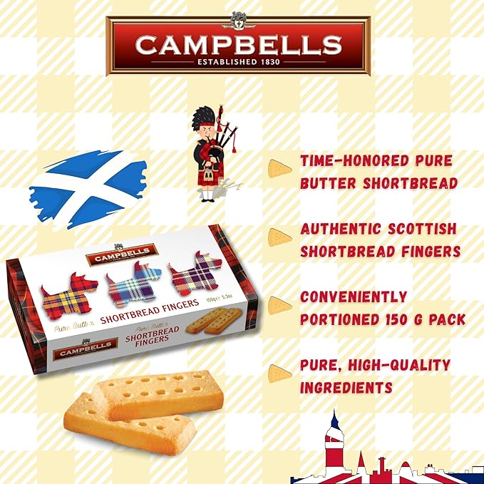 Campbells Shortbread Fingers Tartan Dog Carton 5.3 Oz (150g) - Pure Butter Scottish Shortbread Cookies from Scotland, British Tea Biscuits & Snacks, Crumbly All-Butter Fingers, Cookie Gift Box