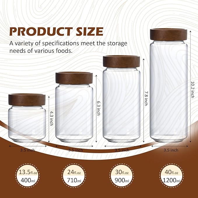 13.5 oz/400 ml Glass Jar with Airtight Wooden Screw Top Lid, Clear Stackable Food Storage Canister, Small Cute Decorative Glass Container for Coffee, Candy, Cookie, Sugar, Oatmeal, Salt, Spice