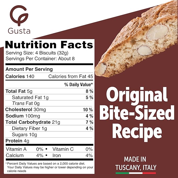Original Almond Italian Biscotti Cookies - Made in Tuscany, Italy - Classic Two Bites Size - All Natural Ingredients - Fresh & Genuine Italian Dessert Treats - 8.82oz