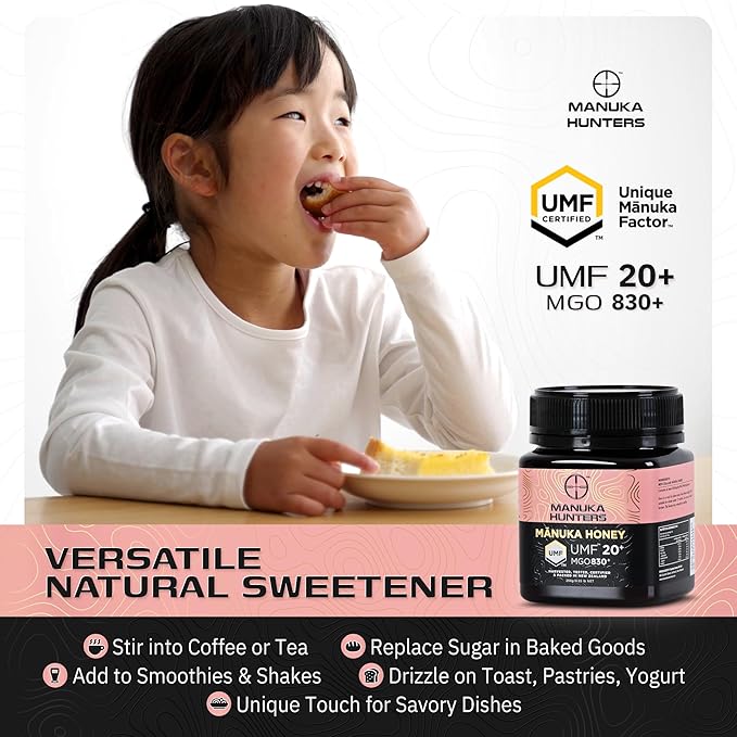 Manuka Hunters UMF 20+/MGO 830+ Certified New Zealand Manuka Honey - 100% Pure Natural Sweetener - Gluten, Dairy Free - Ideal for Tea, Coffee, Smoothies, and Baking - Sustainable - 8.8oz/250g Jar