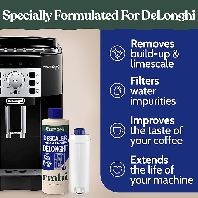 Roobi DeLonghi Compatible Cleaning Descaling Kit. Includes 1 Bottle of Descaling Solution and 4 DeLonghi Filters. Carbon Neutral DeLonghi Cleaner Descaler Kit. 1 Year Supply.