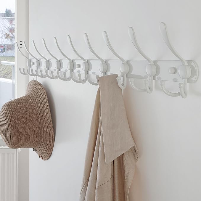 Dseap Coat Rack Wall Mount - 38” Long 10-Tri-Hooks Heavy Duty Coat Hanger Rail Wall Hooks for Hanging Coats Hats Clothing Clothes Purse Mudroom Entryway, White