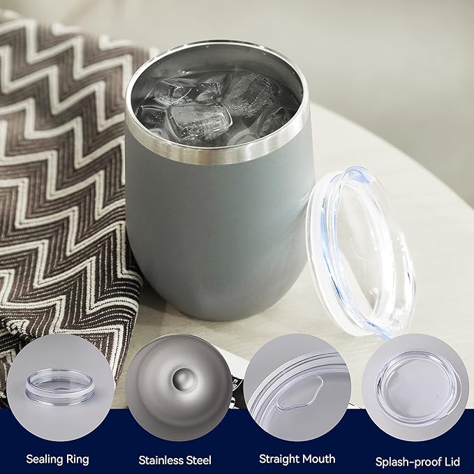 DOMICARE Stainless Steel Wine Tumbler Bulk with Lid, Personalized Insulated Tumblers Set, 12oz Travel Coffee Cups Pack of 16, Gray